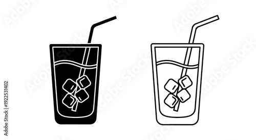 Two glasses of iced drink with straws and ice cubes, black and white Vector