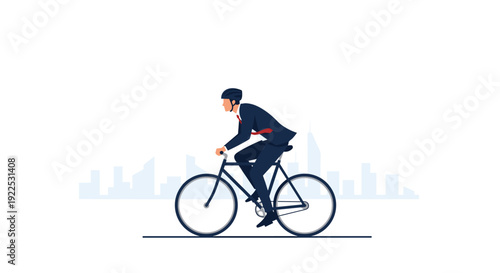 A businessman in a dark suit, red tie, and helmet, riding a bicycle with a city skyline backdrop.