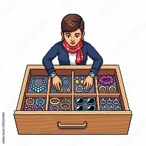 Woman browsing jewelry in a wooden display case at a market or store.