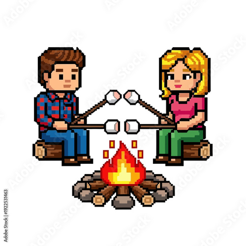 Two pixel art characters roasting marshmallows over a campfire.