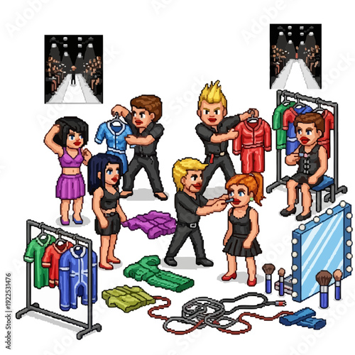 Pixel art scene of people shopping and trying on clothes in a store.