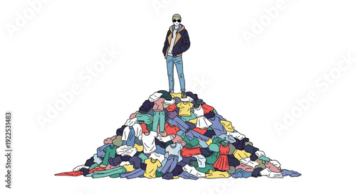 A young man wearing a jacket, sunglasses, and jeans standing on top of a massive mountain of clothes.