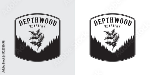 Depthwood Roastery Badge with Coffee Branch and Pine Forest Silhouette