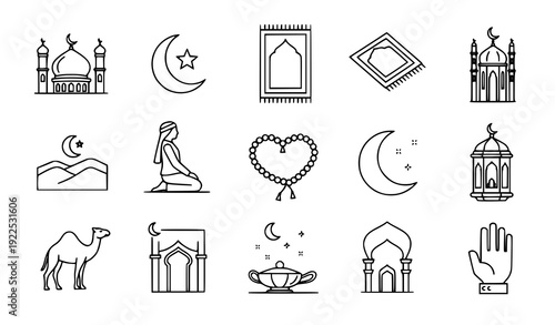 ramadanconcept, islamicdesign, muslimicons, mosquevector, crescentstar, lanternicon, prayerbeads, prayercarpet, rukuposition, camelsilhouette, fasting, holymonth, religiondesign, arabicpattern, nighti