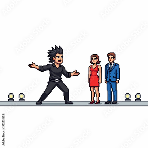 Pixel art of a man arguing with a woman and a man in formal attire