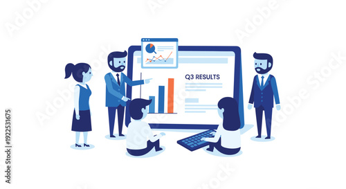 Business professionals gather around a large digital tablet screen to review Q3 results and analyze growth charts.