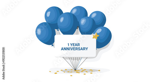 A cluster of blue balloons holds a 1 Year Anniversary sign with scattered gold confetti below.