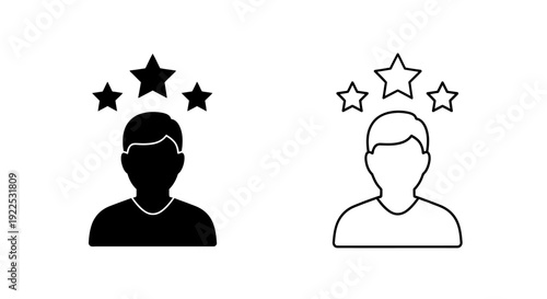 Illustration of two people with stars above their heads, representing achievements or ratings. Vector