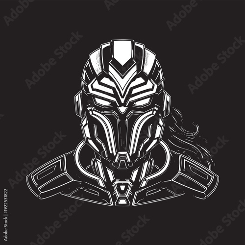 Futuristic robotic helmet portrait with geometric metallic patterns and high contrast design.