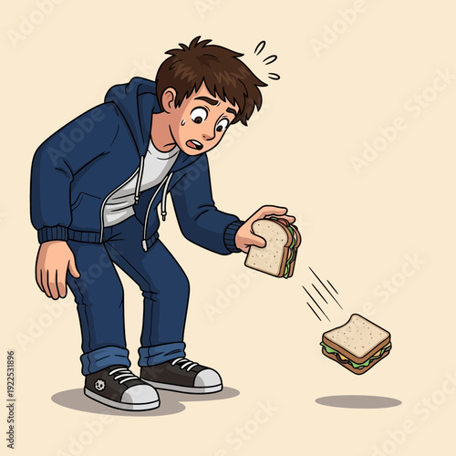 Boy drops sandwich, looking surprised and worried about it falling.