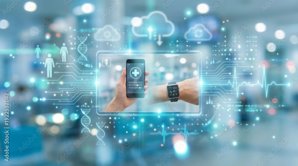Obraz premium Modern digital interface displaying a smartphone with a medical app and a smartwatch monitoring health data, connecting to cloud services and patient records for advanced healthcare management