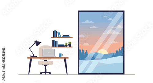 Minimalist home office with a desk, chair, laptop, shelves, and a large window showing a snowy mountain sunset landscape.