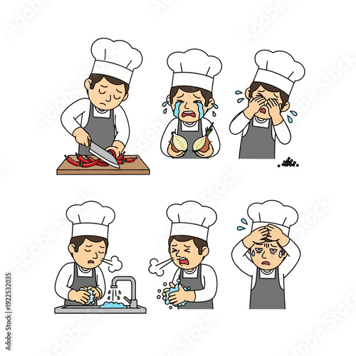 Series of cartoon chefs experiencing various cooking-related frustrations and emotions.