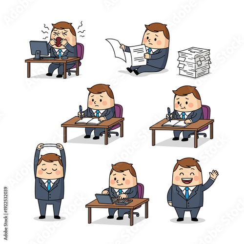 Series of cartoon characters working, resting, and celebrating at desks.