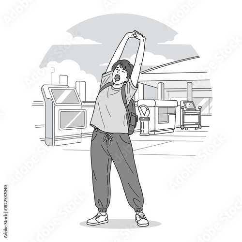 Young woman stretching at an airport terminal with luggage and check-in counters.