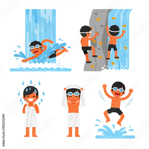 Children enjoying water activities, swimming, climbing, and splashing in the pool.