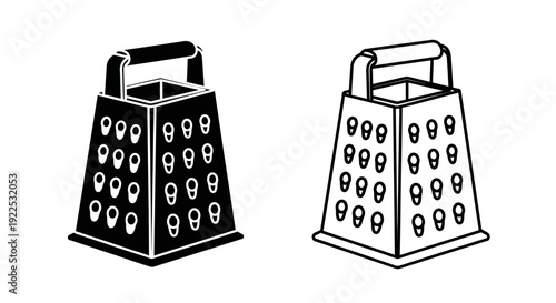 Two black graters with holes for cheese, vegetables, and other food items, isolated on white background Vector