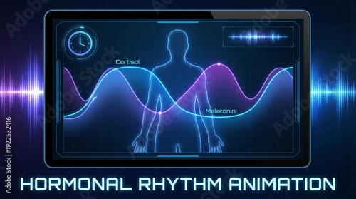 Human body outlining showing a scientific visualization of circadian rhythm impacting cortisol and melatonin hormone levels, illustrating the daily cycle regulating sleep and wakefulness health