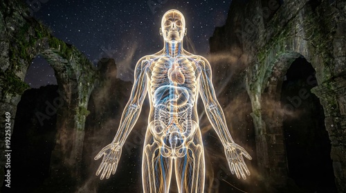 Male body displaying a glowing skeletal and organ structure, representing spiritual energy or consciousness, standing against a background of ancient stone arches with a starry night sky