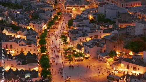 Aerial night view of the illuminated Trulli in Alberobello, Puglia, Italy