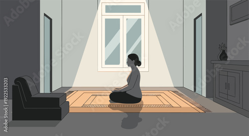 Woman Meditating on Wooden Floor.