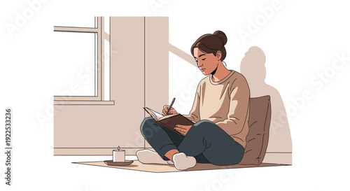 Woman Sitting on Floor Writing in Notebook.