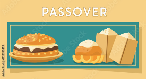 Colorful illustrated image featuring a burger, rolls, and bagged food