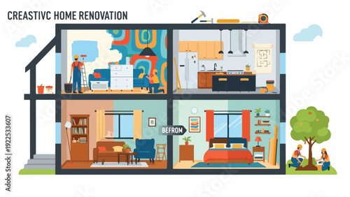 Colorful illustrated home with workers, kitchen, living room, and a bedroom
