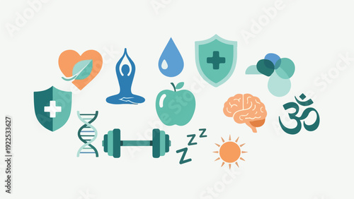 Colorful illustrated health and wellness icons on a white background