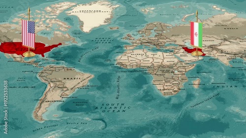World Map Highlighting USA And Iran With National Flags Representing Diplomatic Relations