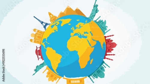 Colorful illustrated globe with landmarks, representing worldwide travel