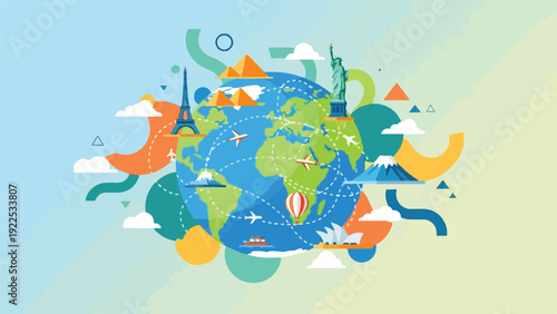 Colorful illustrated globe showing world travel destinations with aircrafts