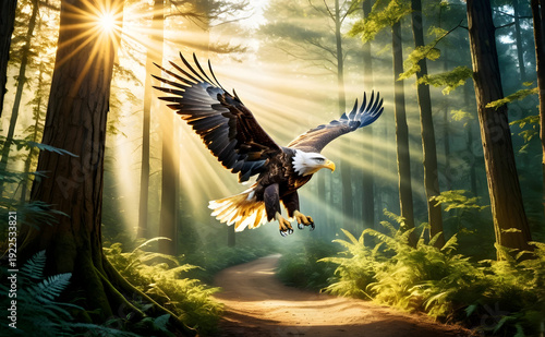 Enchanted forest path bathed in golden sunlight with soaring bald eagle creating dramatic serene scene of nature wonder