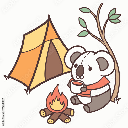 Vector illustration of a Bashful Koala with in a teacup, styled in a Camping trip theme using Campfire Glow colors