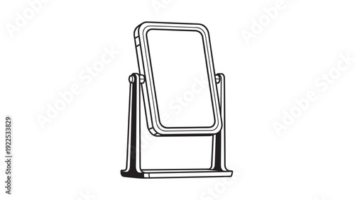 Minimalistic sketch of a freestanding vanity mirror with frame and stand in line art style.