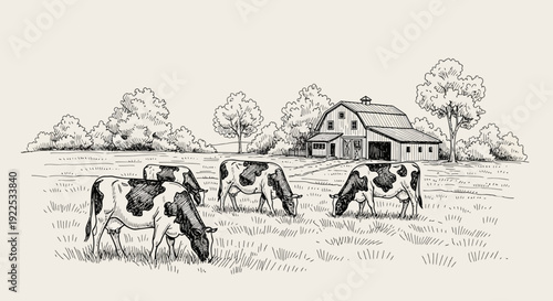 Rural Farm Landscape Sketch Dairy Cows Grazing Pasture and Barn