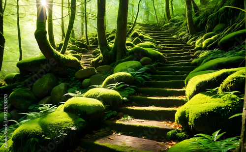 Enchanted forest path bathed in soft sun light through trees moss covered stones and stairs inviting peaceful nature walk