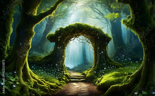 Enchanted forest path with moss covered archway and sunlit glade creating magical serene atmosphere