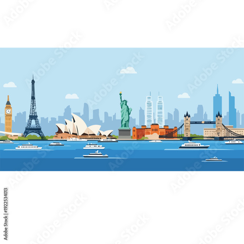 Colorful illustrated cityscape, showcasing iconic global landmarks and boats