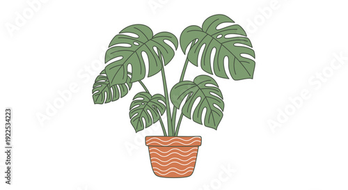 Monstera Deliciosa Houseplant in Wavy Terracotta Pot Illustration