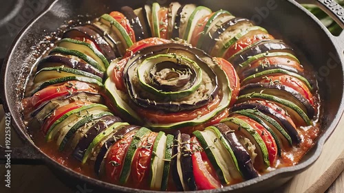 Vibrant vegetable tart in cast iron skillet on rustic wooden table