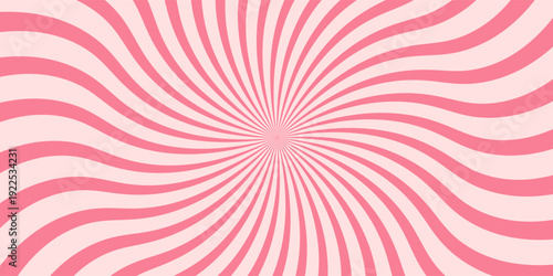 Candy color sunburst background. Abstract pink cream sunbeams design wallpaper. Colorful spinning lines for template, banner, poster, flyer. Sweet rotating cartoon swirl or whirlpool. Vector backdrop