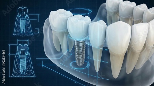 Dental implant system displaying blueprint diagrams and a realistic model of teeth with a prosthetic crown, representing advanced dentistry and oral surgery concepts