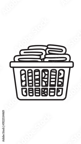 Lineart illustration of a grocery basket filled with bread loaves and assorted items in a simple, monochrome design.