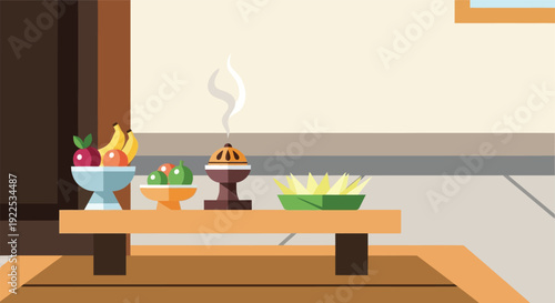 Food Offering Table with Various Dishes.