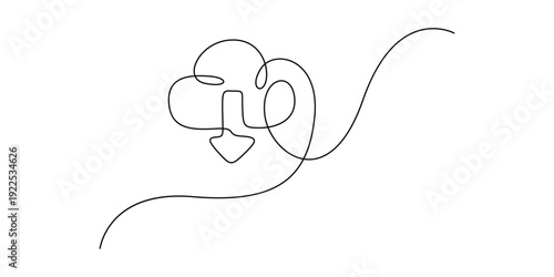 Continuous line art drawing of a cloud with a download symbol, digital icon vector illustration