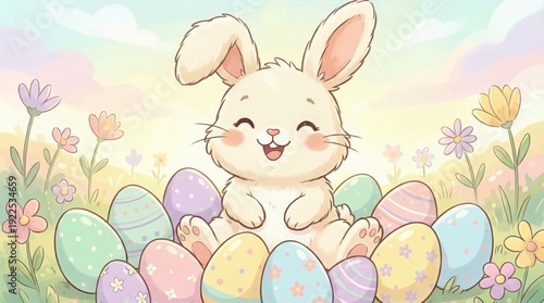 Happy easter bunny smiling in a vibrant spring meadow, surrounded by pastel eggs and blooming wildflowers under a soft sky, playful and joyful seasonal illustration