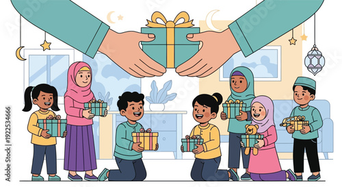 Hands Giving Gifts to Children and Women.