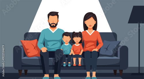 Happy Family Sitting Together on Sofa.