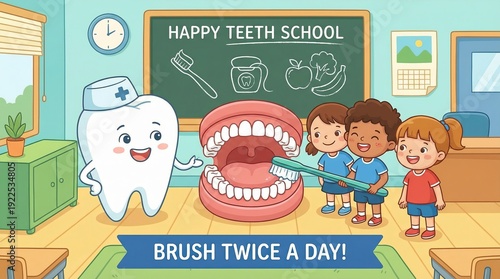 Happy tooth character in a classroom teaching diverse children about oral health, demonstrating proper tooth brushing techniques on a large jaw model with a toothbrush